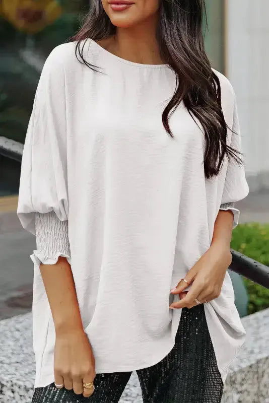 Smocked Wrist Top Long Sleeve Shift Loose Fit
