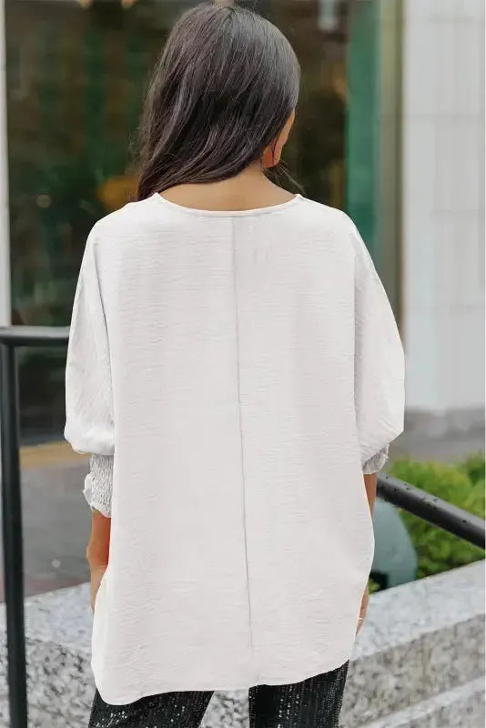 Smocked Wrist Top Long Sleeve Shift Loose Fit