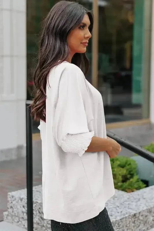 Smocked Wrist Top Long Sleeve Shift Loose Fit