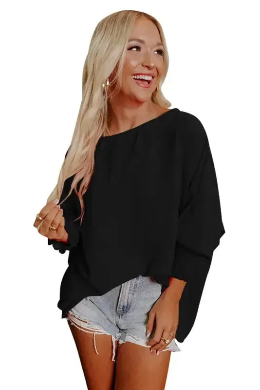Smocked Wrist Top Long Sleeve Shift Loose Fit