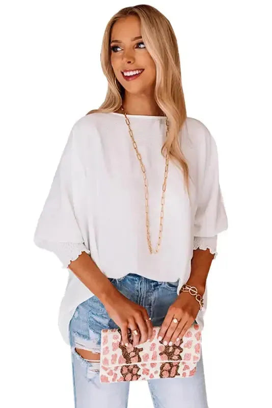 Smocked Wrist Top Long Sleeve Shift Loose Fit