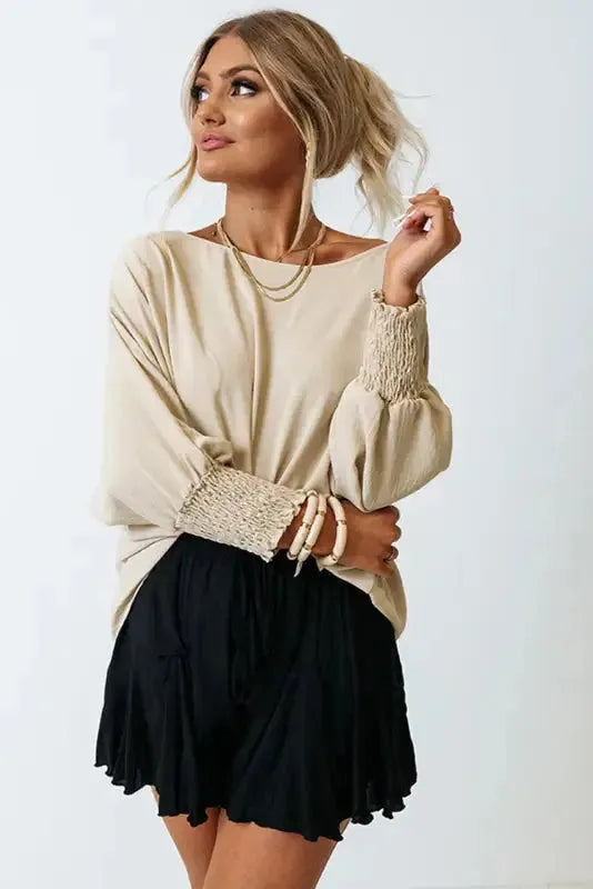 Smocked Wrist Top Long Sleeve Shift Loose Fit