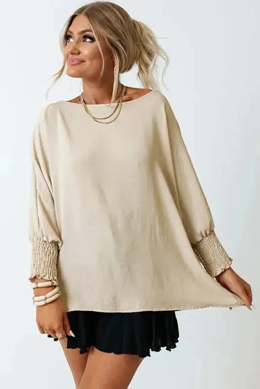 Smocked Wrist Top Long Sleeve Shift Loose Fit