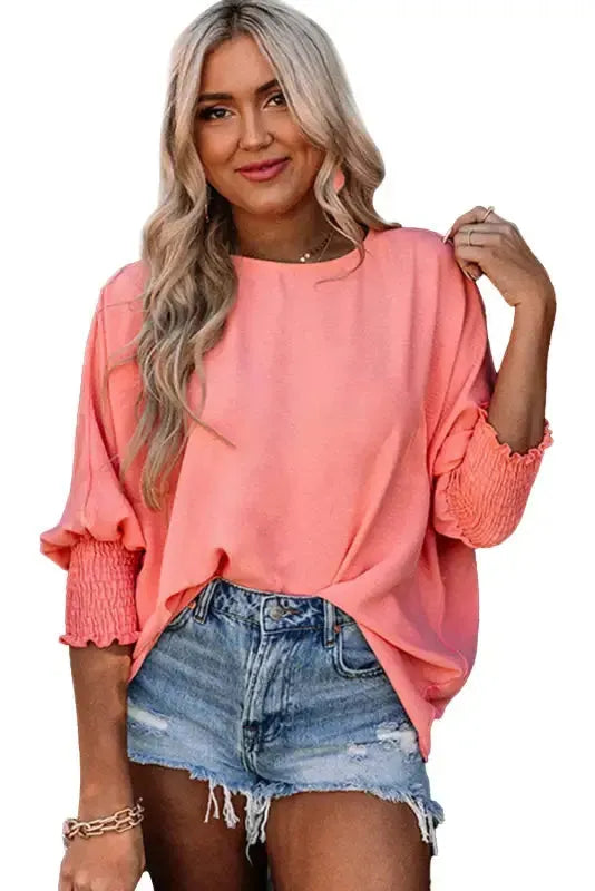 Smocked Wrist Top Long Sleeve Shift Loose Fit
