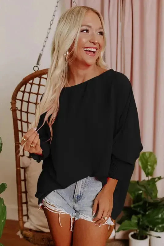Smocked Wrist Top Long Sleeve Shift Loose Fit