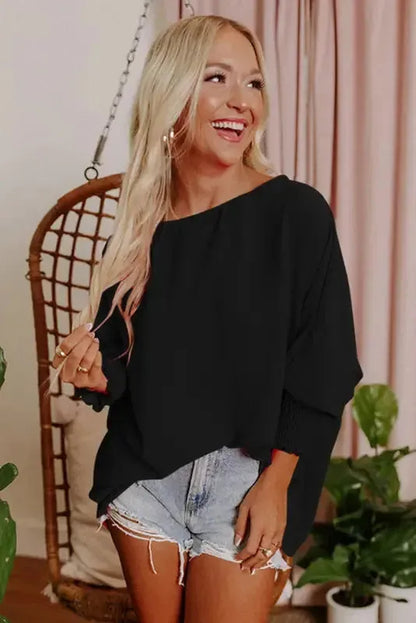 Smocked Wrist Top Long Sleeve Shift Loose Fit
