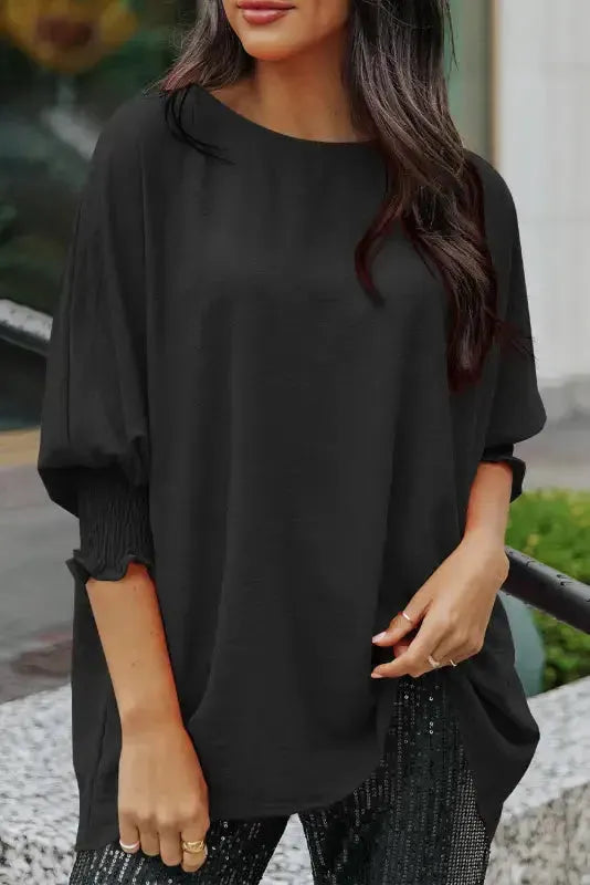 Smocked Wrist Top Long Sleeve Shift Loose Fit