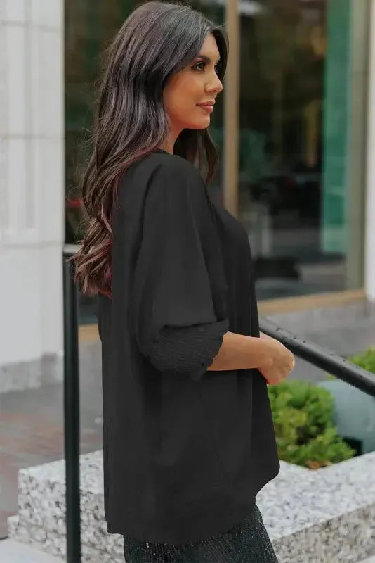 Smocked Wrist Top Long Sleeve Shift Loose Fit