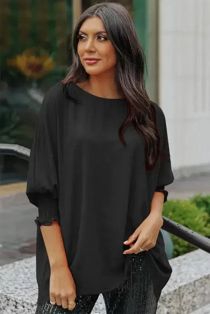 Smocked Wrist Top Long Sleeve Shift Loose Fit