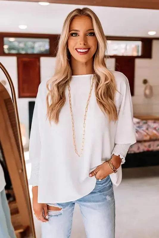 Smocked Wrist Top Long Sleeve Shift Loose Fit