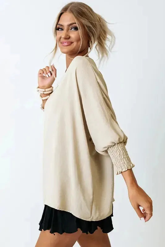 Smocked Wrist Top Long Sleeve Shift Loose Fit