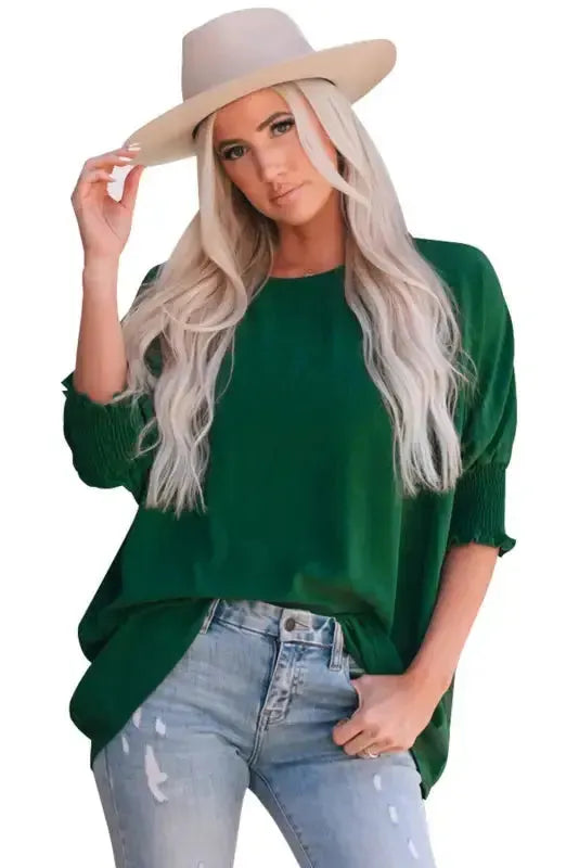 Smocked Wrist Top Long Sleeve Shift Loose Fit