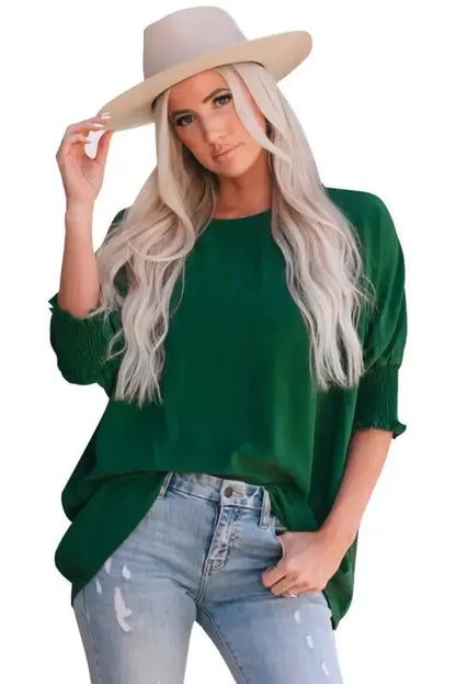 Smocked Wrist Top Long Sleeve Shift Loose Fit