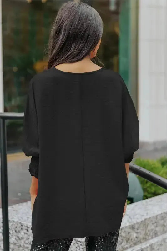 Smocked Wrist Top Long Sleeve Shift Loose Fit