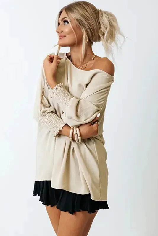 Smocked Wrist Top Long Sleeve Shift Loose Fit
