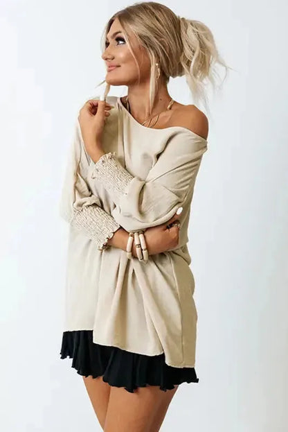 Smocked Wrist Top Long Sleeve Shift Loose Fit