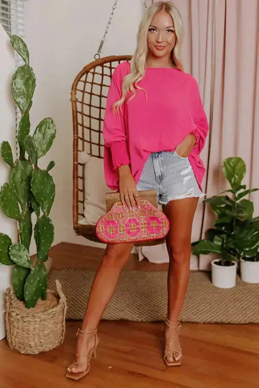 Smocked Wrist Top Long Sleeve Shift Loose Fit