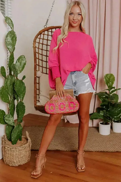 Smocked Wrist Top Long Sleeve Shift Loose Fit