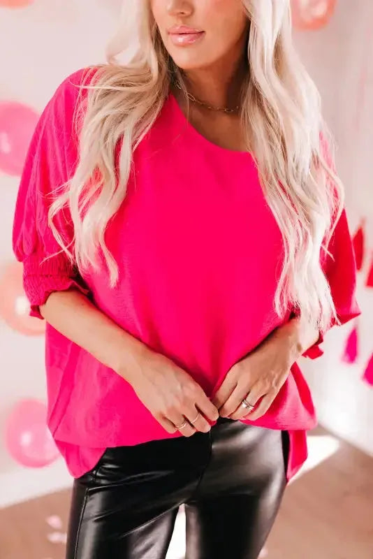 Smocked Wrist Top Long Sleeve Shift Loose Fit