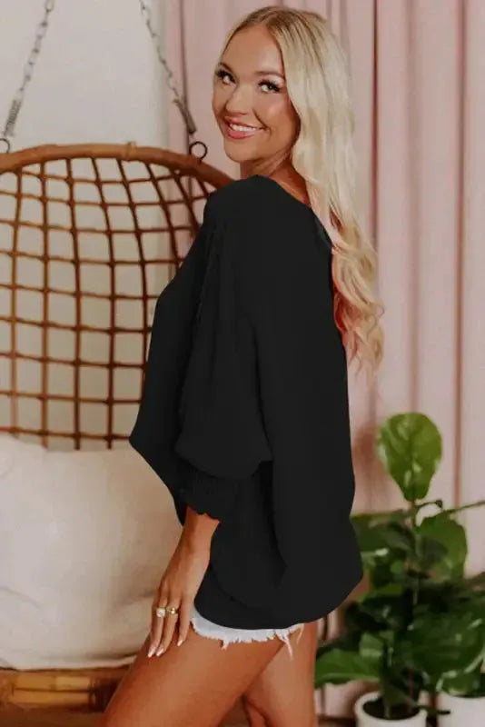 Smocked Wrist Top Long Sleeve Shift Loose Fit