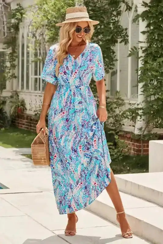 Floral V-Neck Wrap Style Maxi Dress