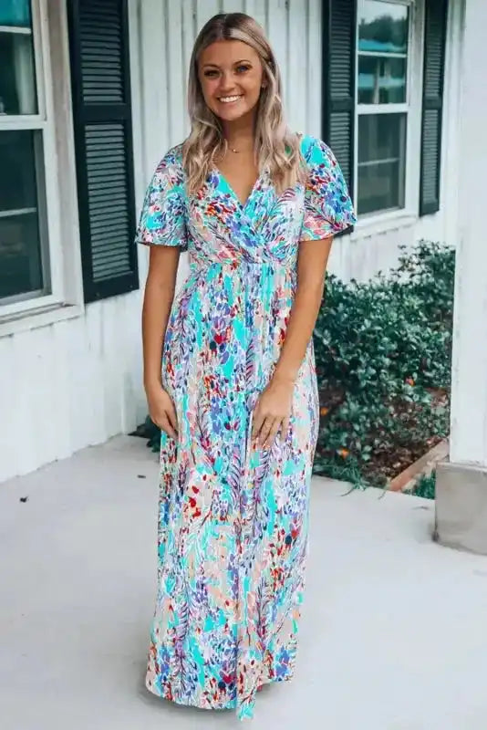 Floral V-Neck Wrap Style Maxi Dress