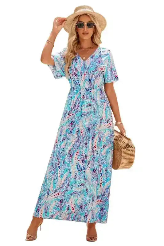 Floral V-Neck Wrap Style Maxi Dress