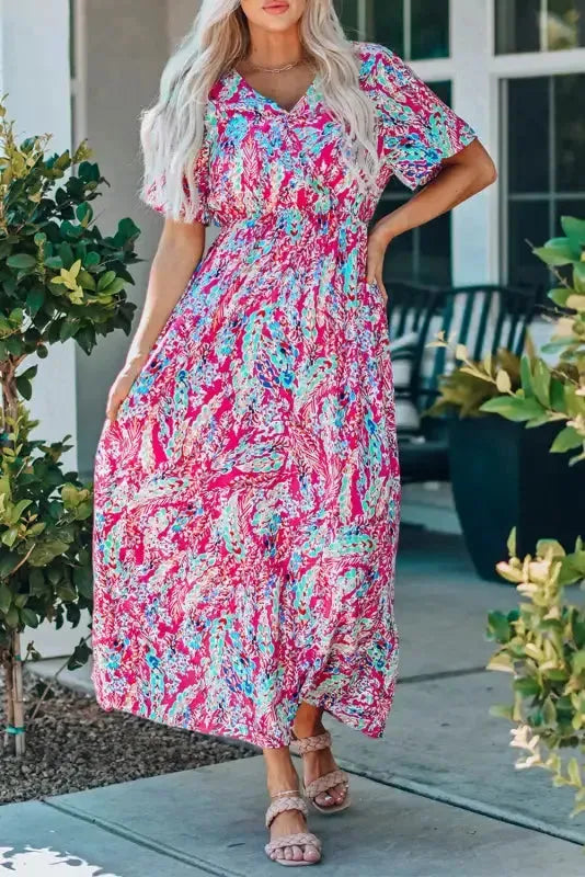 Floral V-Neck Wrap Style Maxi Dress