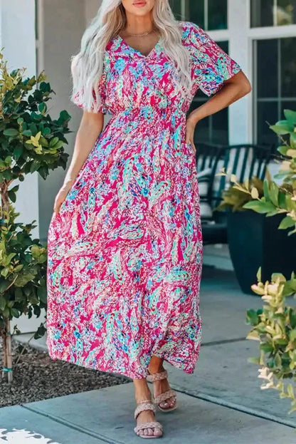 Floral Maxi Dress with V Neck - Green Wrap Style
