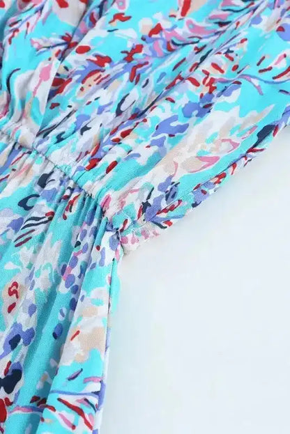 Floral Maxi Dress with V Neck - Green Wrap Style
