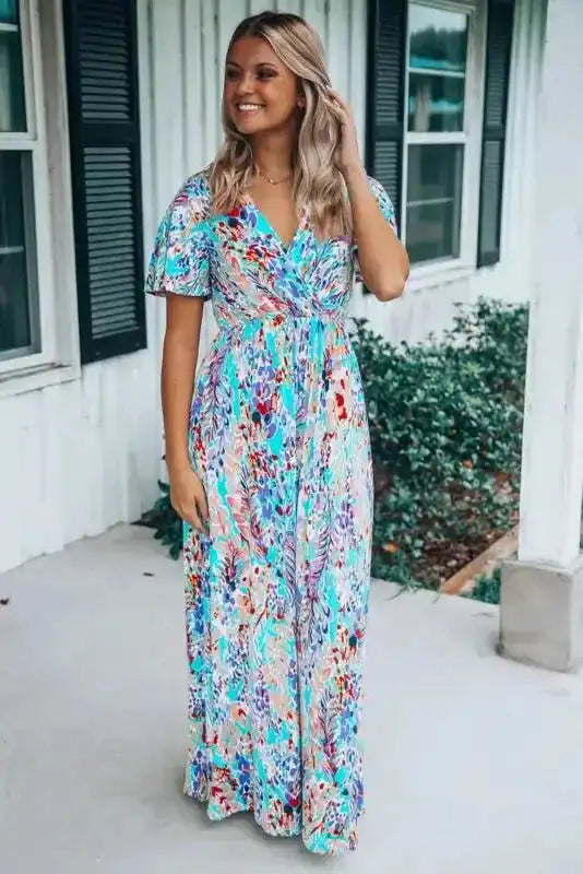 Floral V-Neck Wrap Style Maxi Dress