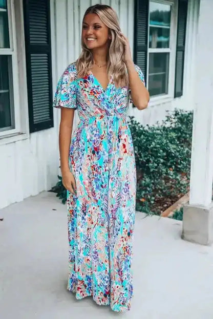 Floral Maxi Dress with V Neck - Green Wrap Style