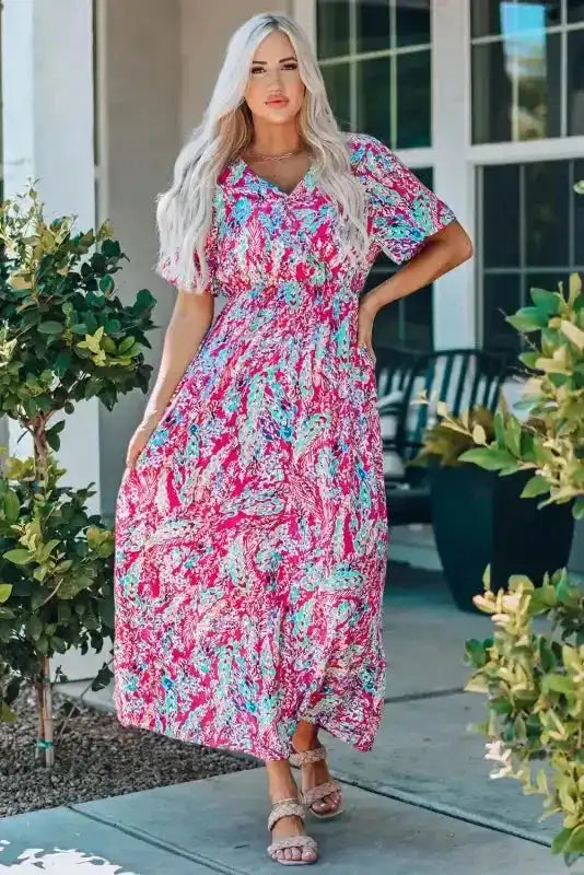 Floral V-Neck Wrap Style Maxi Dress