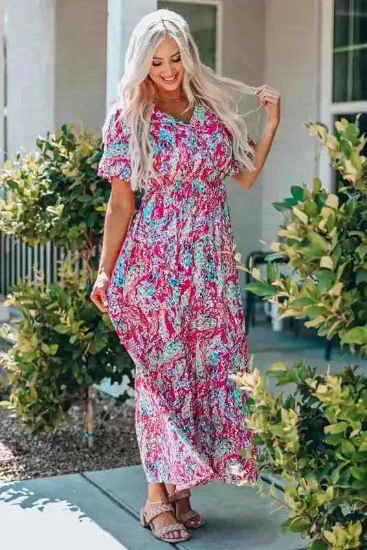 Floral V-Neck Wrap Style Maxi Dress