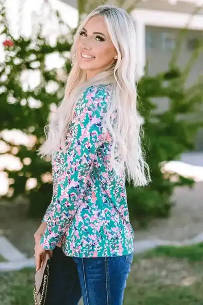 Floral Maxi Dress with V Neck - Green Wrap Style
