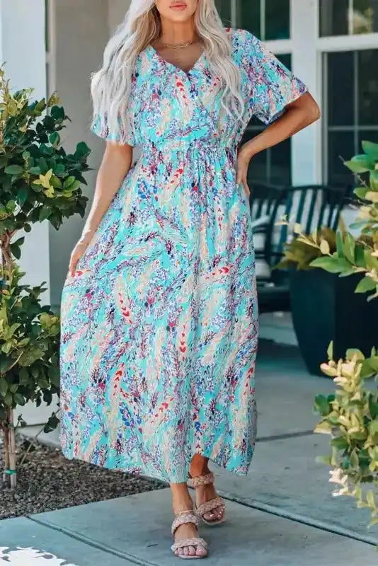 Floral V-Neck Wrap Style Maxi Dress
