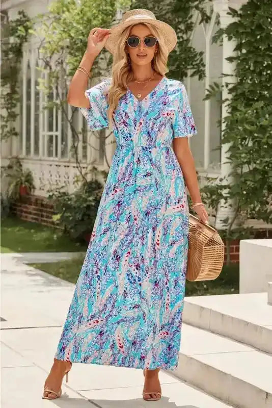 Floral V-Neck Wrap Style Maxi Dress
