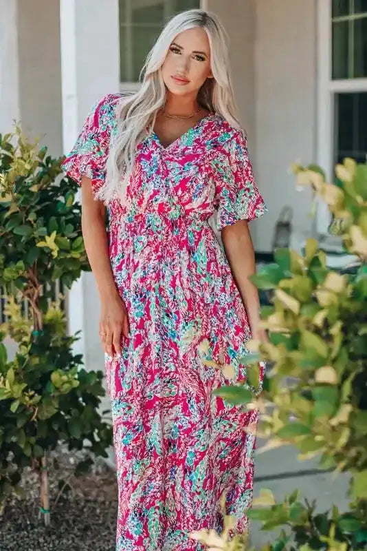 Floral V-Neck Wrap Style Maxi Dress