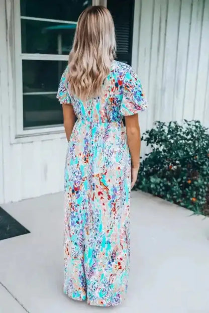 Floral Maxi Dress with V Neck - Green Wrap Style