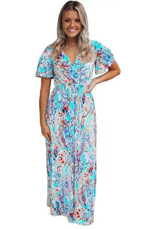 Floral V-Neck Wrap Style Maxi Dress