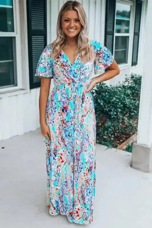 Floral V-Neck Wrap Style Maxi Dress