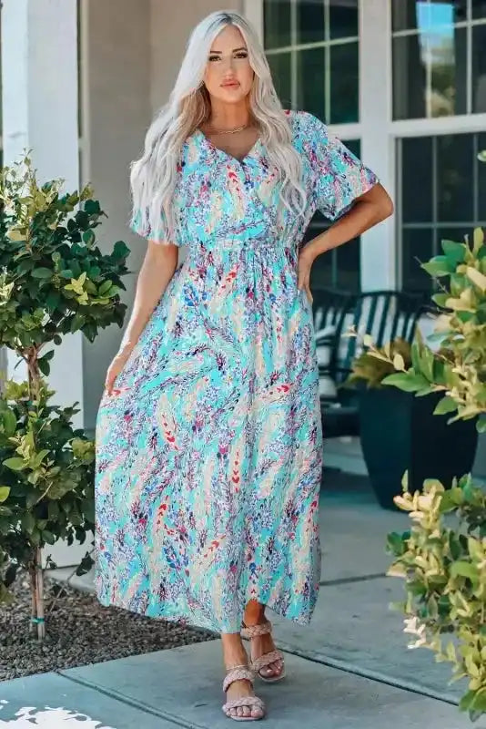 Floral V-Neck Wrap Style Maxi Dress