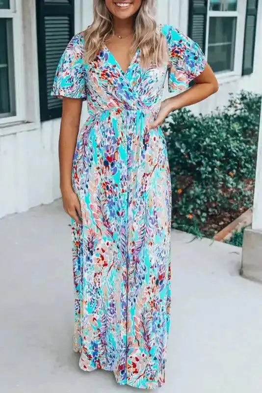 Floral V-Neck Wrap Style Maxi Dress