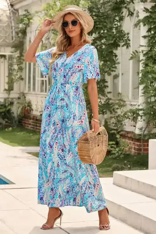 Floral V-Neck Wrap Style Maxi Dress