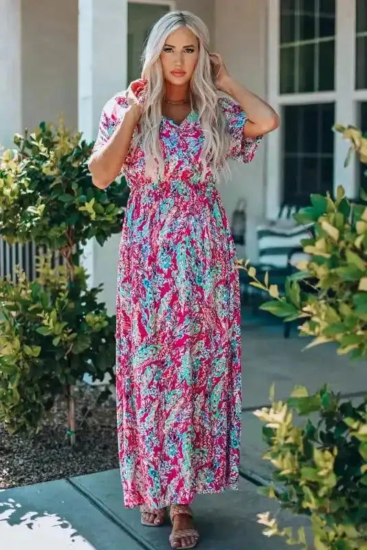Floral V-Neck Wrap Style Maxi Dress