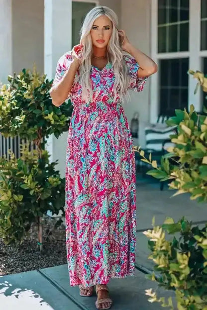 Floral Maxi Dress with V Neck - Green Wrap Style