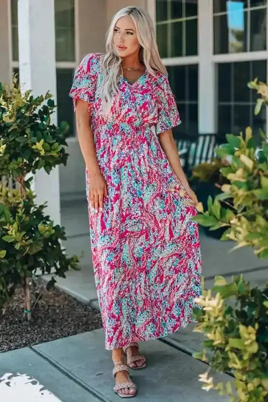 Floral V-Neck Wrap Style Maxi Dress