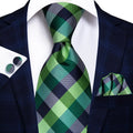 Green and Blue Check Silk Tie - With Matching Cufflinks & Pocket Square