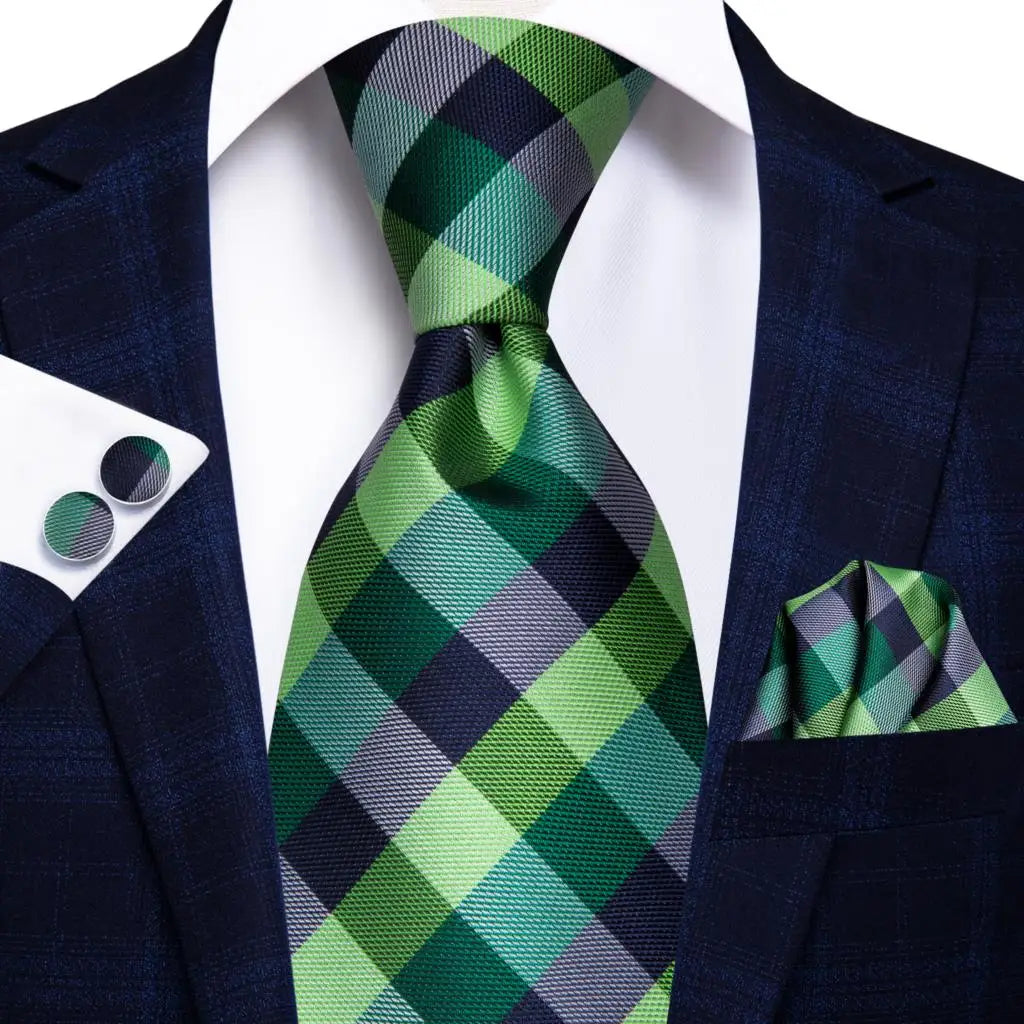 Green and Blue Check Silk Tie - With Matching Cufflinks & Pocket Square