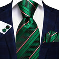 Green and Pink Striped Silk Tie - With Matching Cufflinks & Pocket Square
